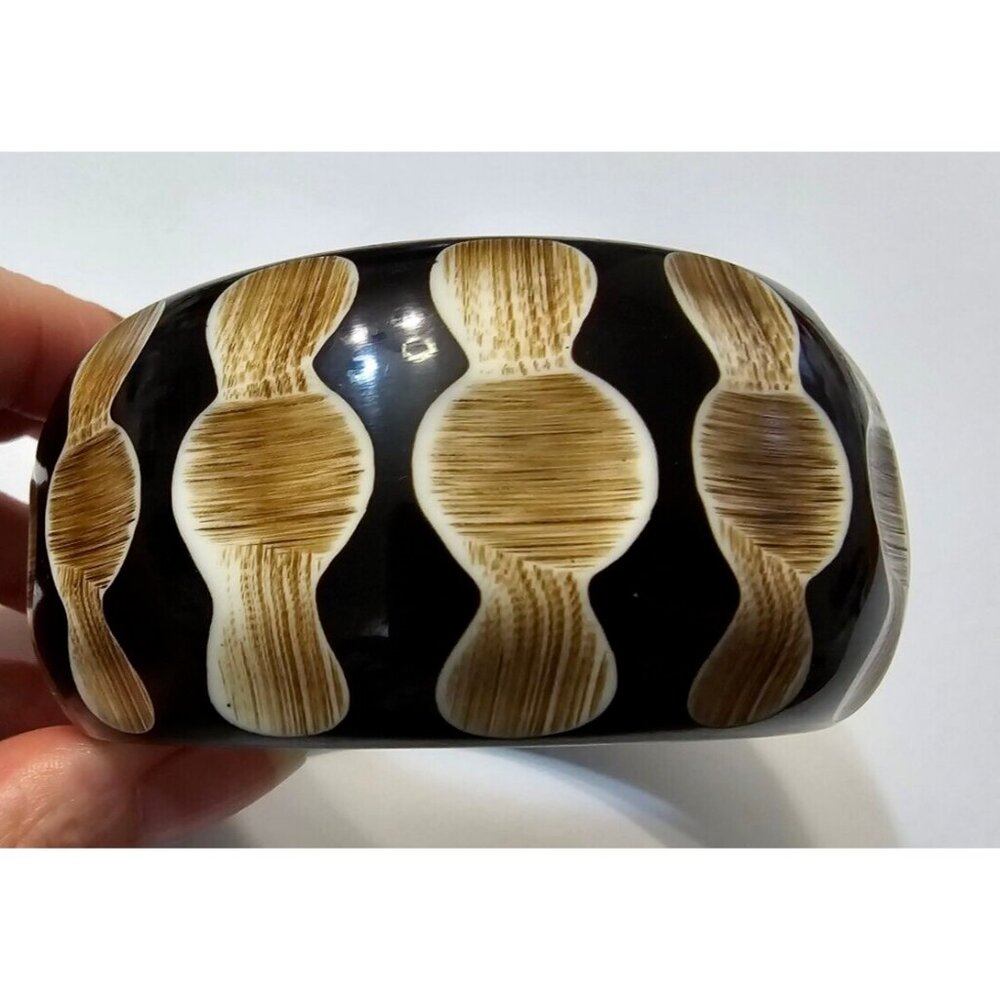 Vintage Black Celluoid Carved Wide Bangle Bracelet